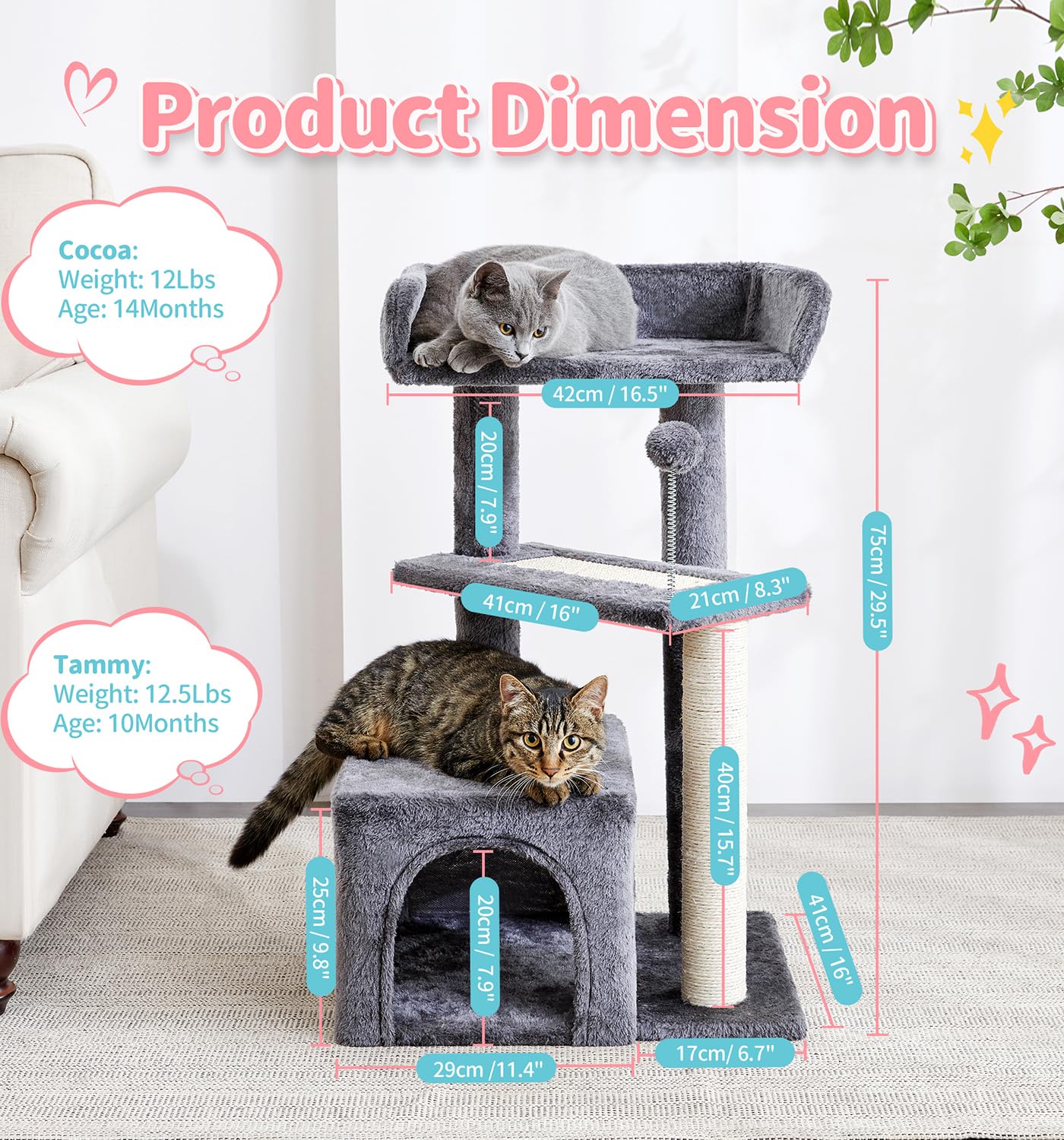 Made4Pets Cat Tree, Multi-Level Small Cat Tower For Indoor Cats, 29' Tall Cute Kitten Scratcher Condo With Sisal Scratching Pos
